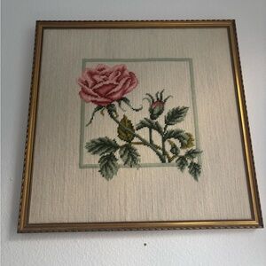 Vintage Floral Needlepoint Framed LARGE Needlework HANDMADE